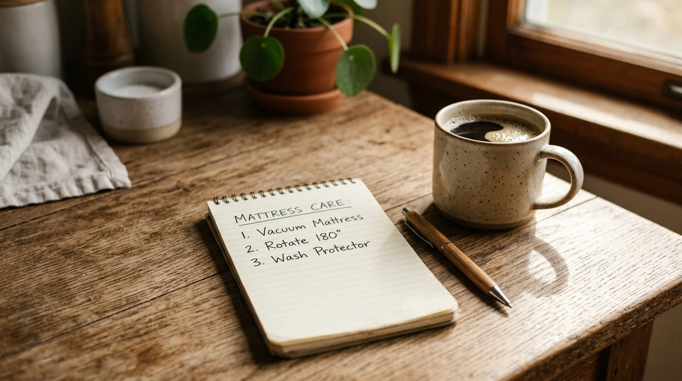 A handwritten mattress care checklist on a paper notepad sitting on a sunlit wooden table next to a coffee mug.