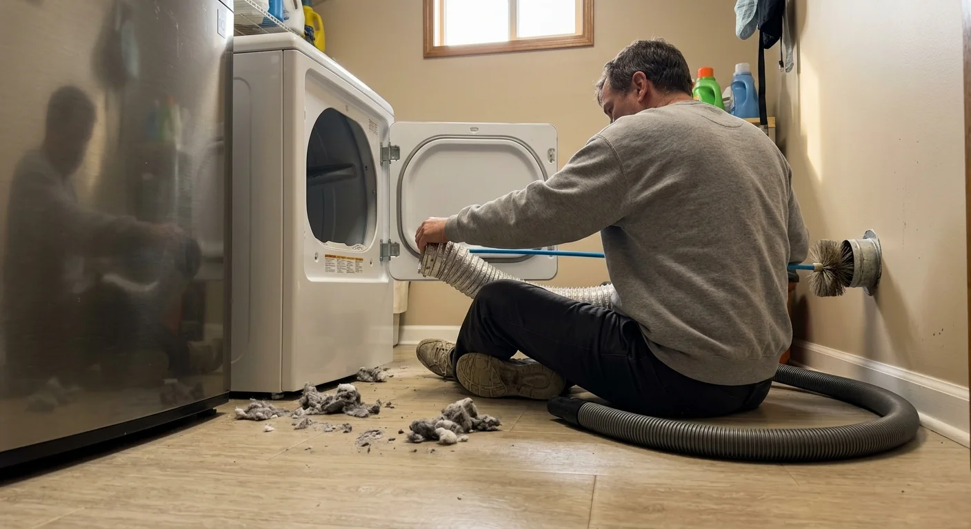 A homeowner cleans out accumulated lint from a dryer duct wall pipe using a flexible brush and shop vacuum.