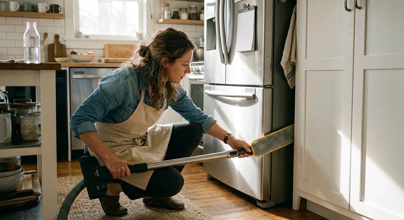 Woman crouching in a kitchen and sliding a flat duster tool into the narrow gap beside a stainless steel refrigerator.