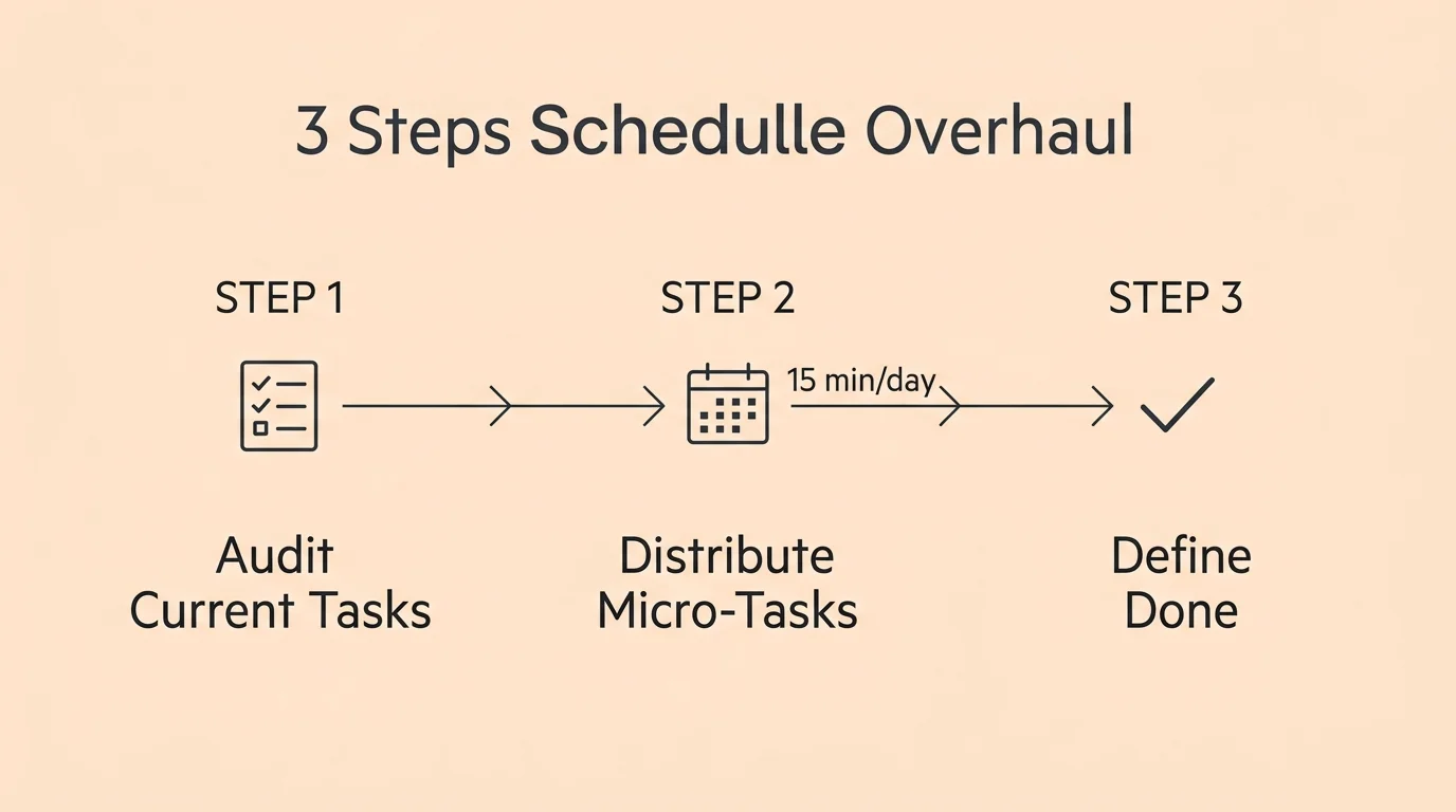 A horizontal 3-step infographic diagram detailing the steps: Audit Current Tasks, Distribute Micro-Tasks, and Define Done.