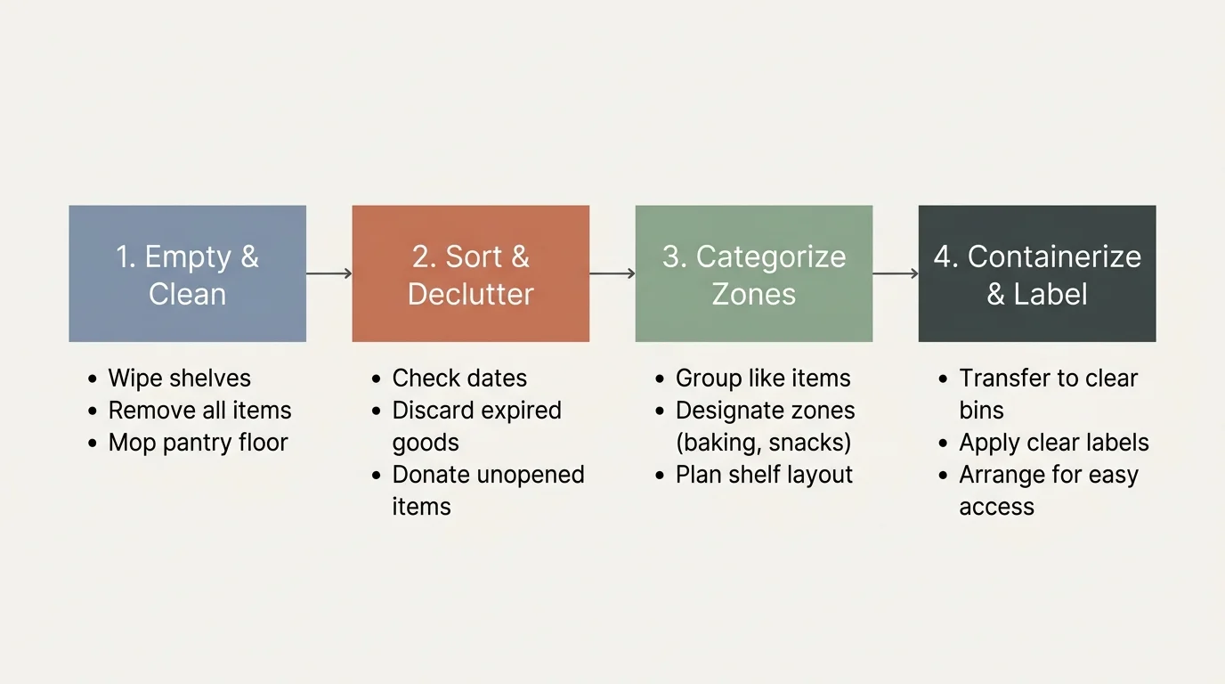 A horizontal 4-step flowchart outlining the pantry overhaul process: Empty & Clean, Sort & Declutter, Categorize Zones, Containerize & Label