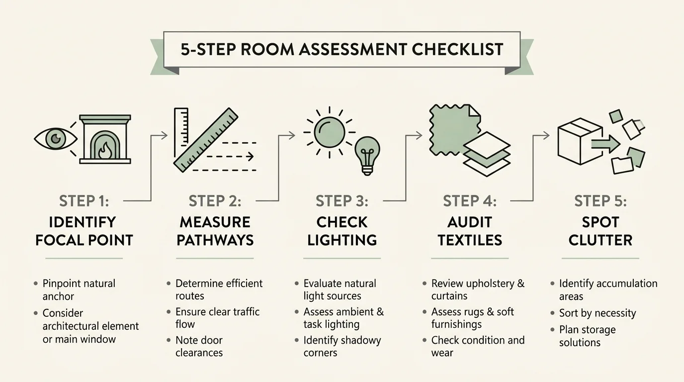 A horizontal 5-step infographic checklist covering focal points, pathways, lighting, textiles, and clutter.