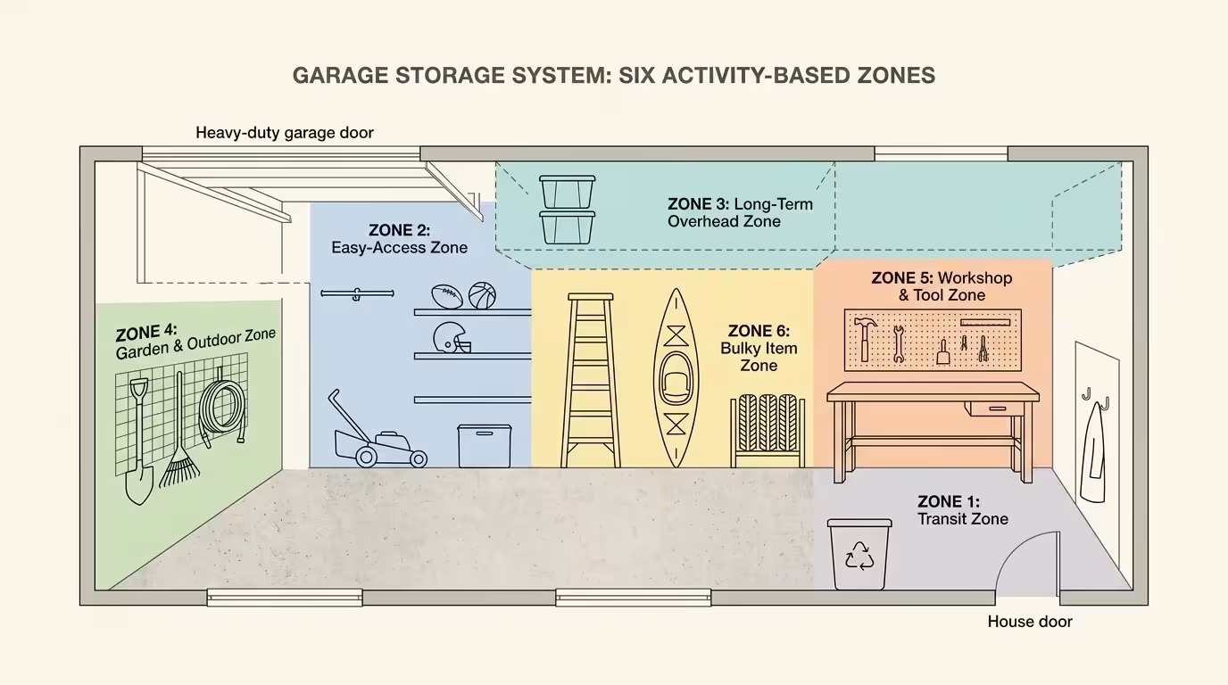 A horizontal color-coded diagram showing the layout of a garage divided into six functional storage zones.
