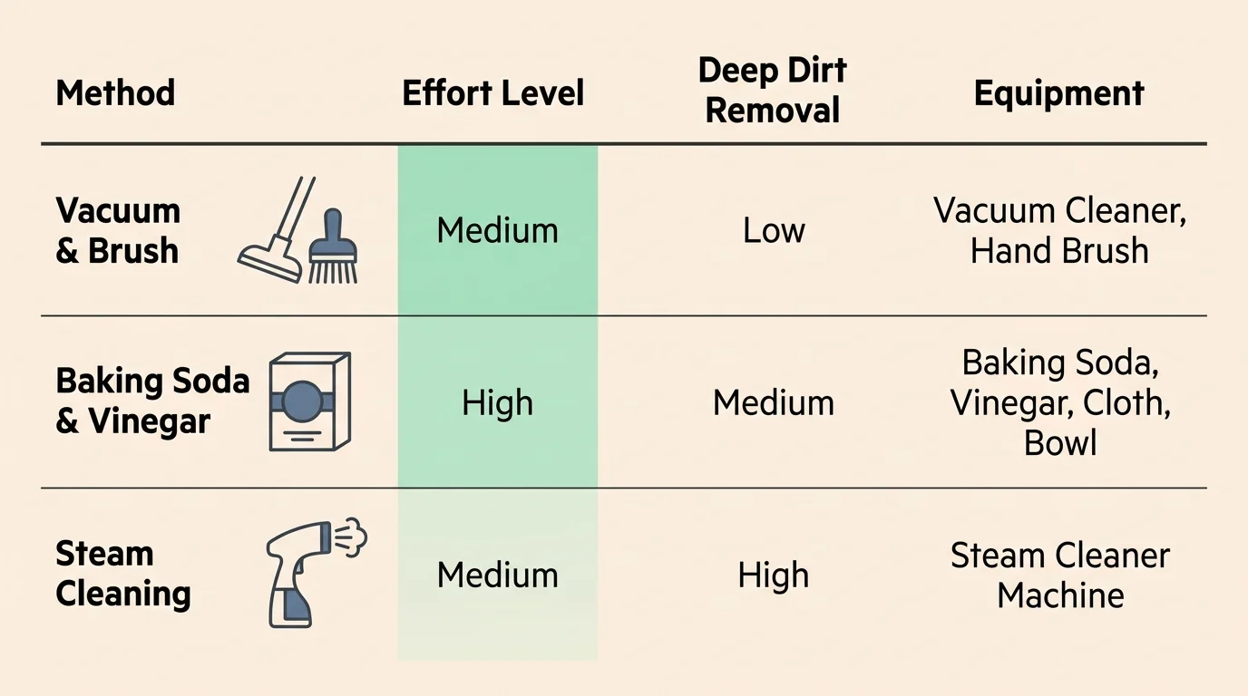 A horizontal comparison chart evaluating three window track cleaning methods based on effort, effectiveness, and equipment.