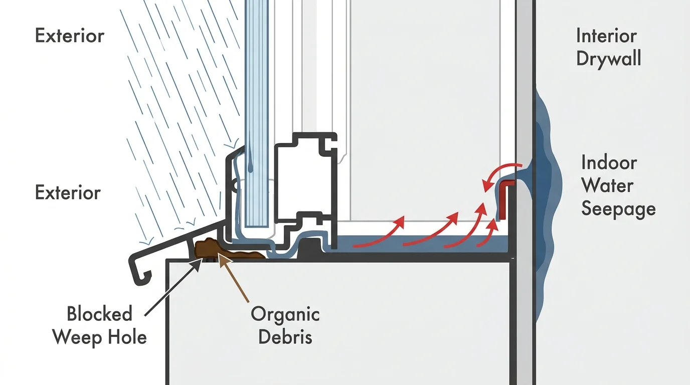 A horizontal cross-section diagram showing rainwater overflowing a window track onto interior drywall due to a blocked weep hole.