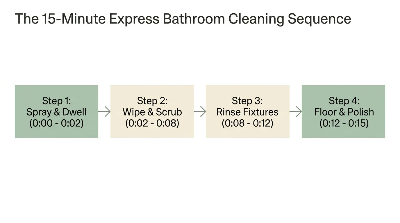 A horizontal flow chart detailing a step-by-step cleaning timeline totaling fifteen minutes.