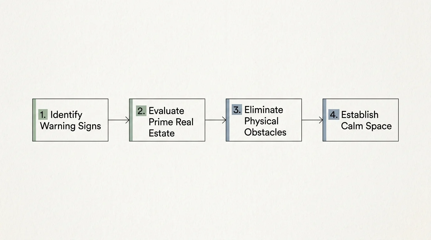 A horizontal flowchart outlining a four-step framework: Identify Warning Signs, Evaluate Prime Real Estate, Eliminate Obstacles, Establish C