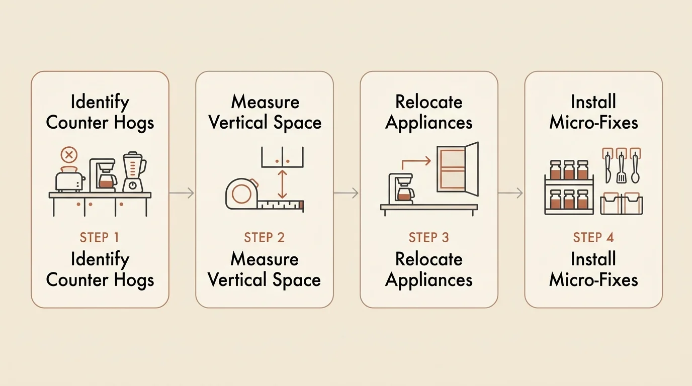 A horizontal flowchart outlining the step-by-step process of a kitchen counter space audit.