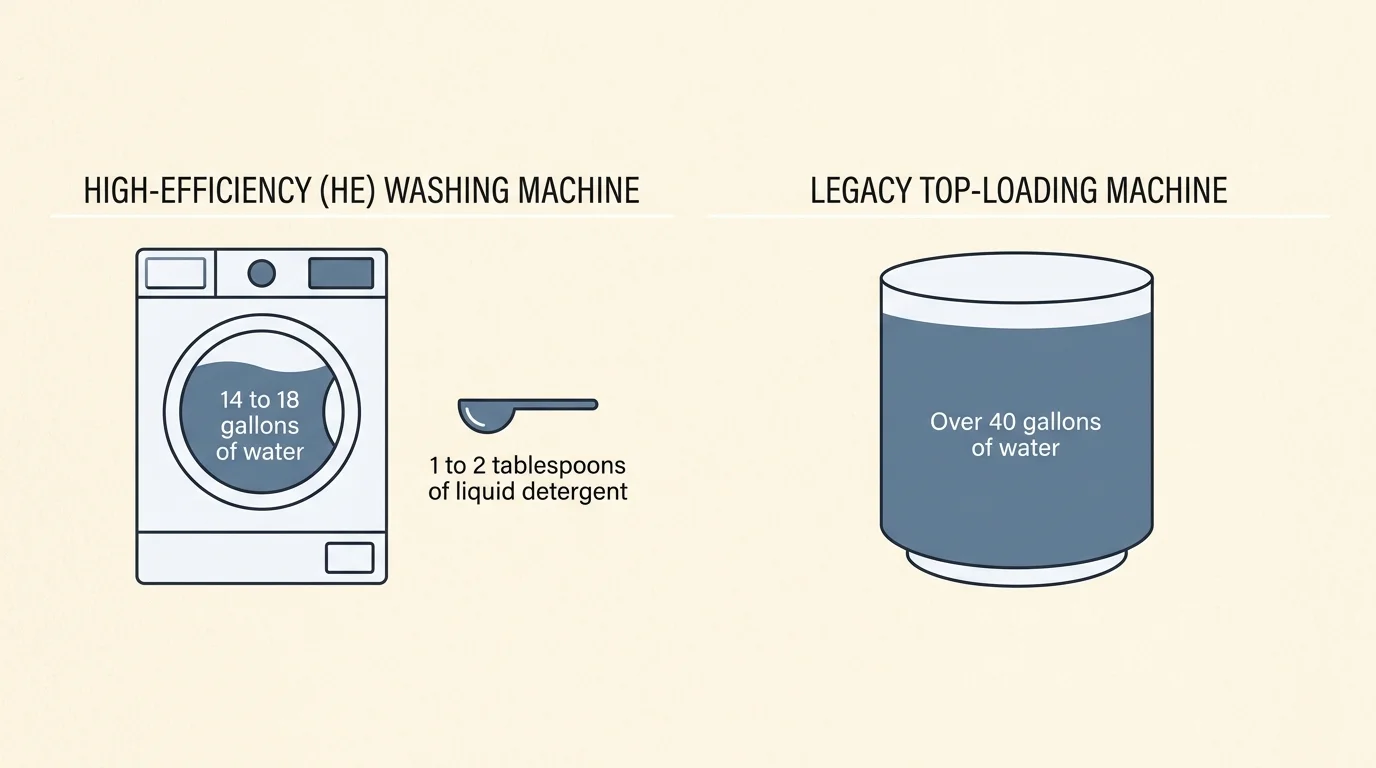 A horizontal reference diagram comparing 14 to 18 gallons of water in HE washers to over 40 gallons in legacy machines, showing correct dete