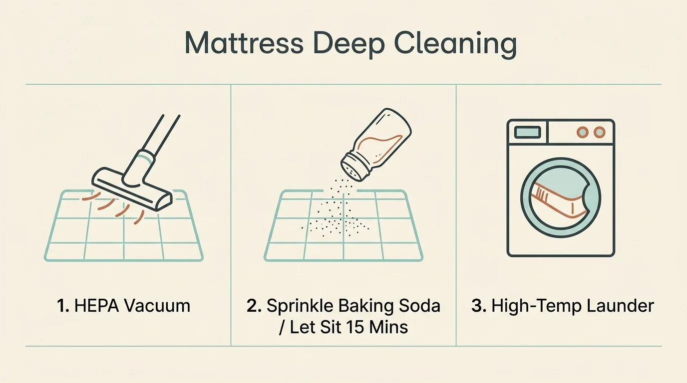 A horizontal step-by-step infographic showing HEPA vacuuming, baking soda treatment, and laundering a mattress cover.