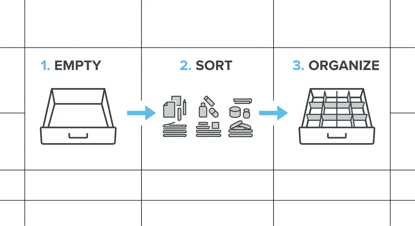 A horizontal three-step flowchart showing the blueprint for organizing a drawer: Empty, Sort, and Organize.
