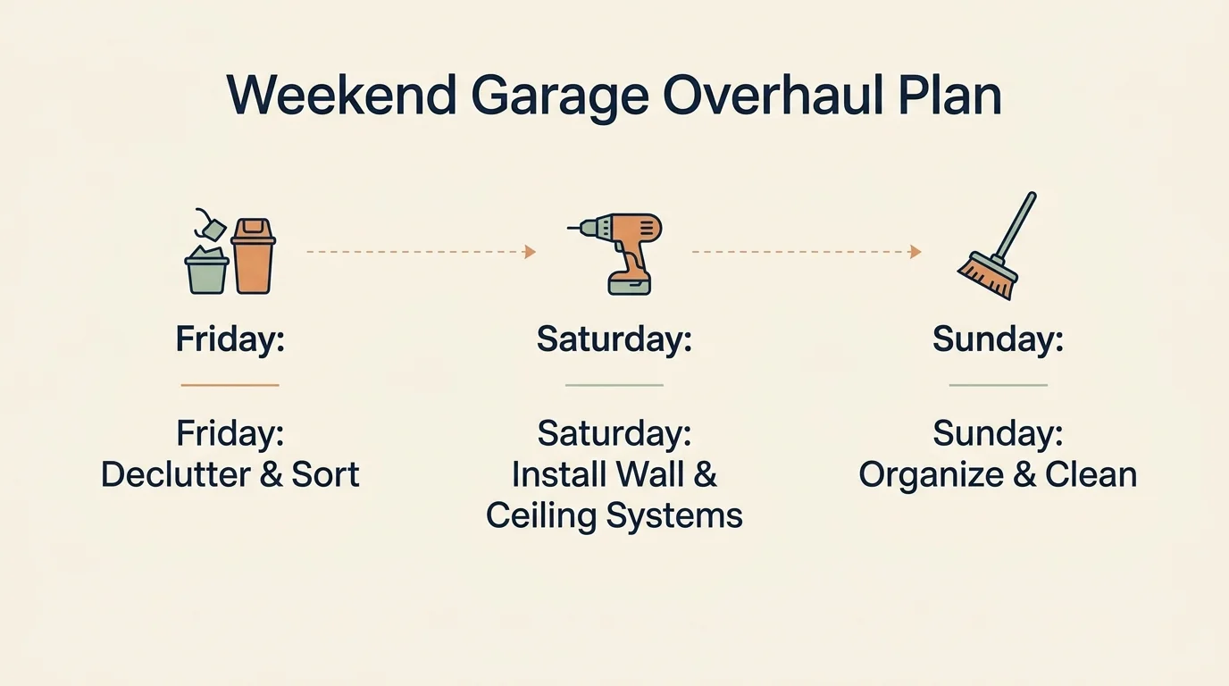 A horizontal three-step timeline diagram mapping out a weekend plan from Friday sorting to Sunday organizing.