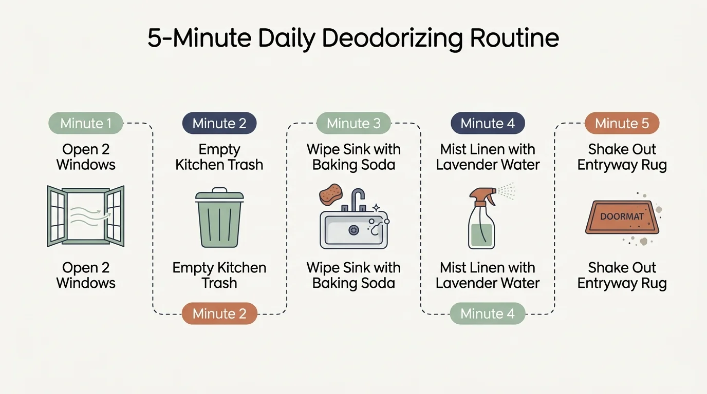 A horizontal timeline infographic showing a 5-step, 5-minute daily home deodorizing routine from left to right.
