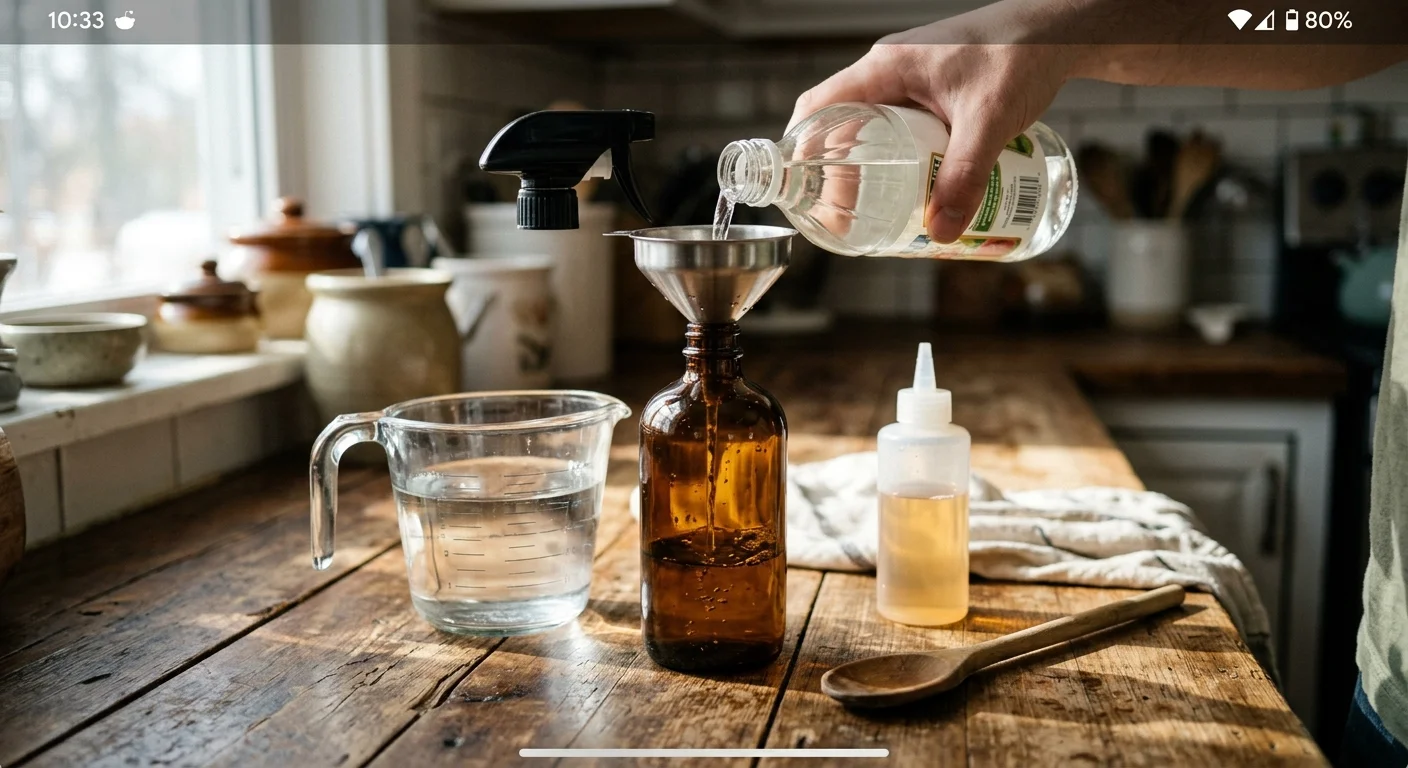 A kitchen counter scene showing vinegar being poured through a funnel into a glass spray bottle next to water and dish soap.