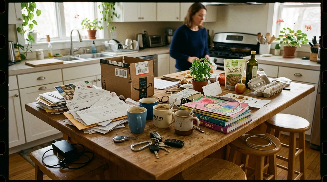 A kitchen island completely covered in piles of mail, keys, coffee mugs, and cardboard boxes, leaving no room to work.