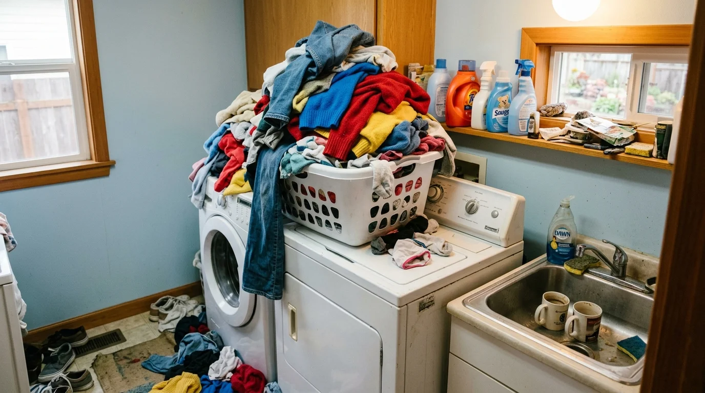 A large, overflowing basket of colorful laundry spilling onto the floor in a warm-toned utility room.