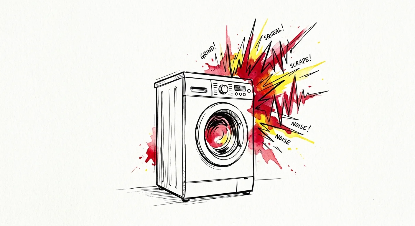 A line drawing of a washing machine with jagged red and yellow sound waves radiating from the back.