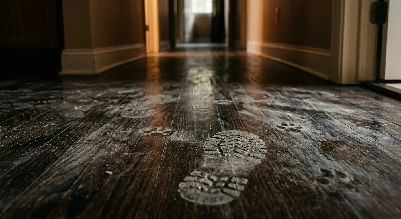 A low-angle close-up of a dark hardwood floor showing dusty footprints stuck in a tacky, dull residue of floor cleaner.
