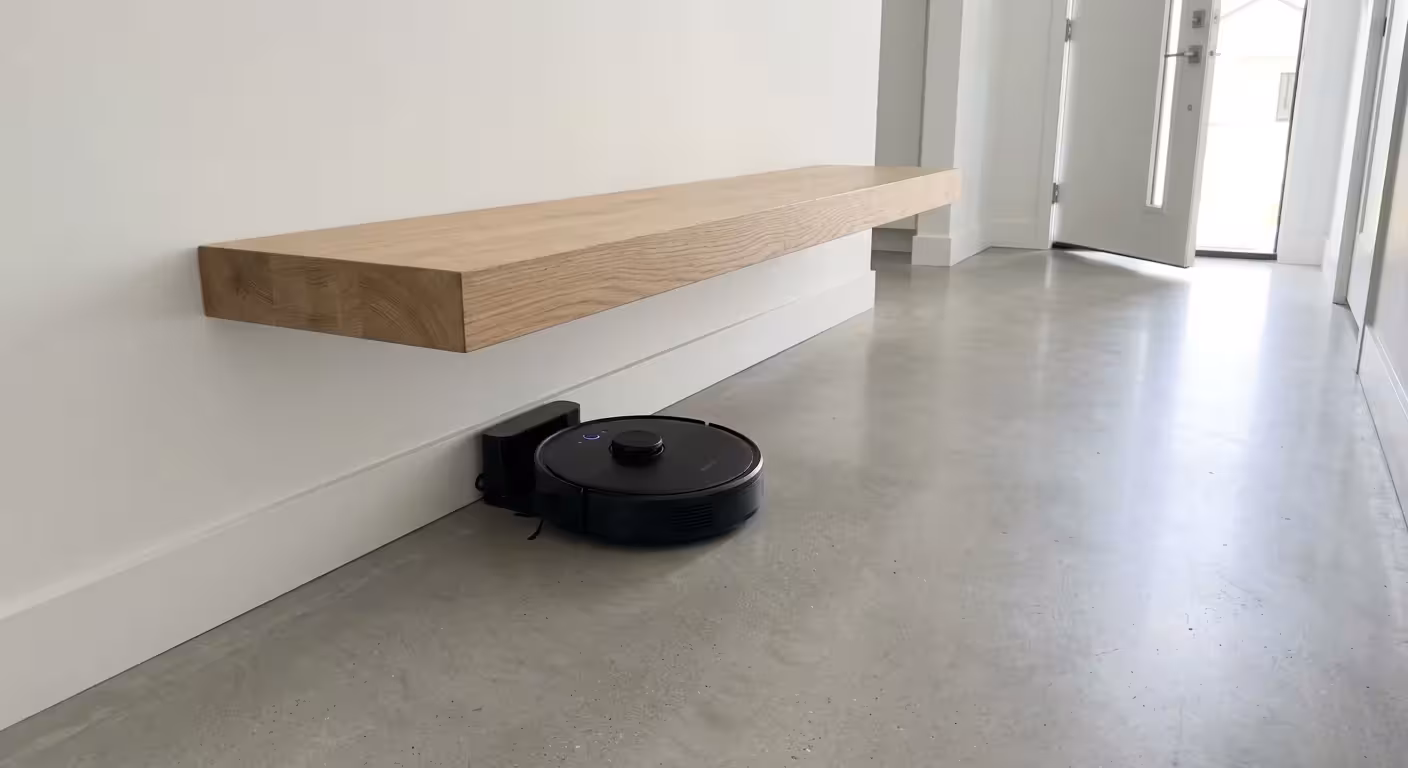 A low-angle photo of a wall-mounted floating oak bench with clear floor space beneath, showing a robotic vacuum docked underneath.