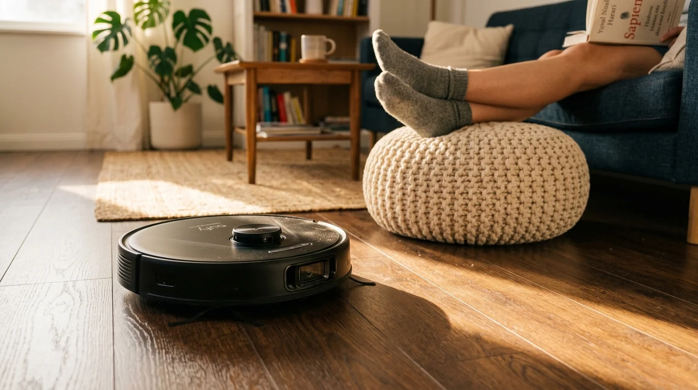 A low-angle shot of a robot vacuum cleaning a hardwood floor while a person relaxes with their feet up in the background.