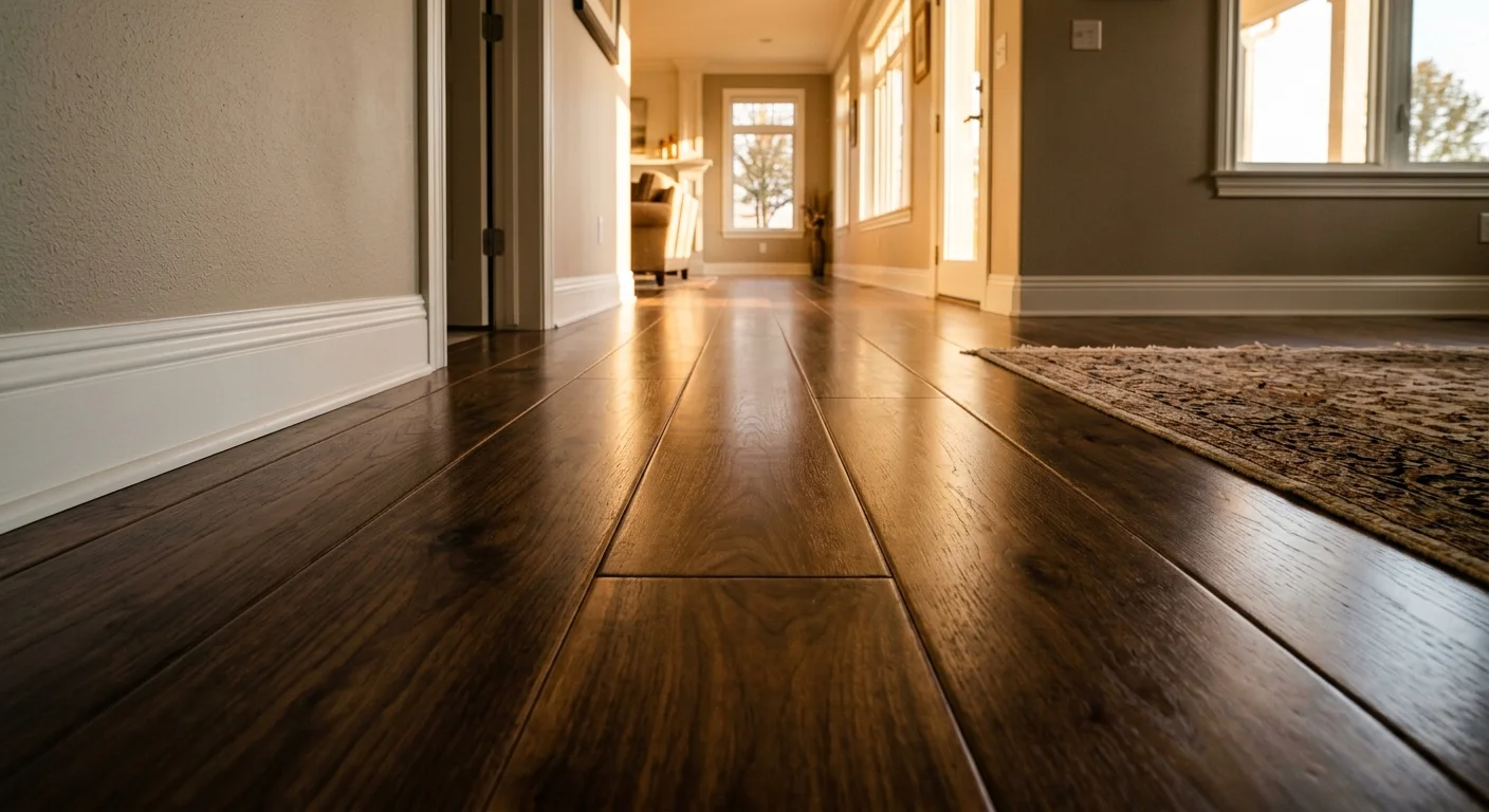 A low-angle shot of clean, polished hardwood floor planks reflecting warm golden sunlight.