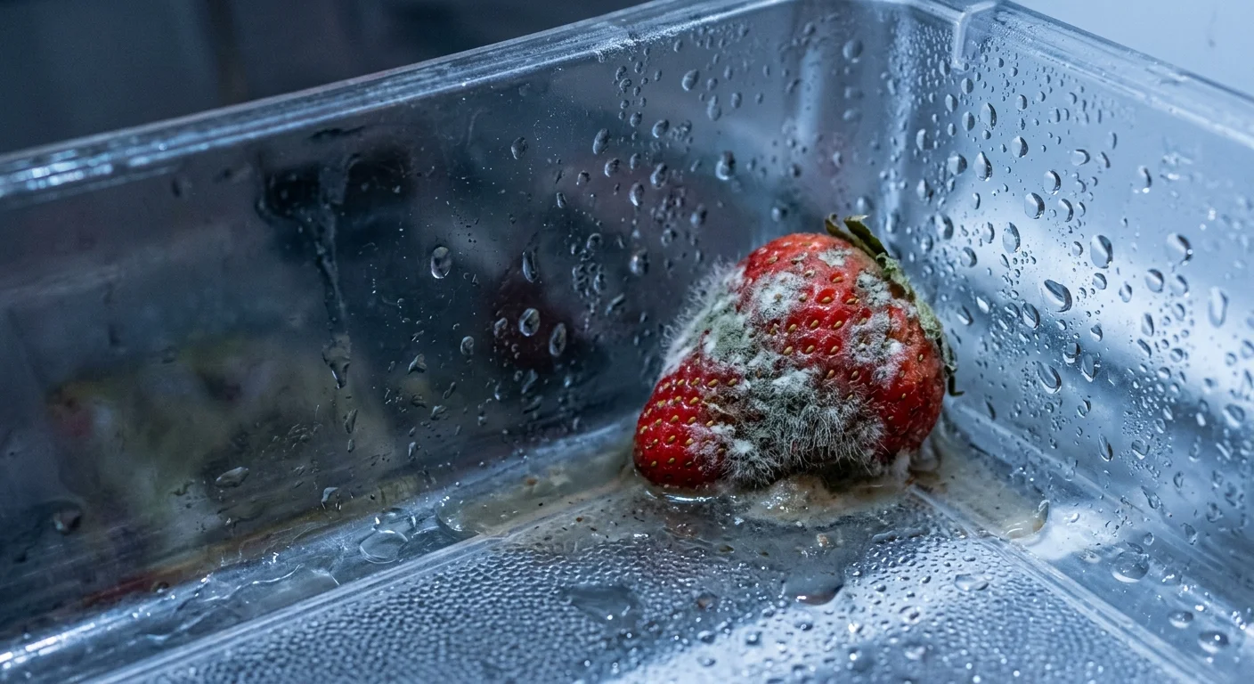 A macro photo of condensation droplets inside a plastic drawer next to a strawberry with fuzzy white mold.