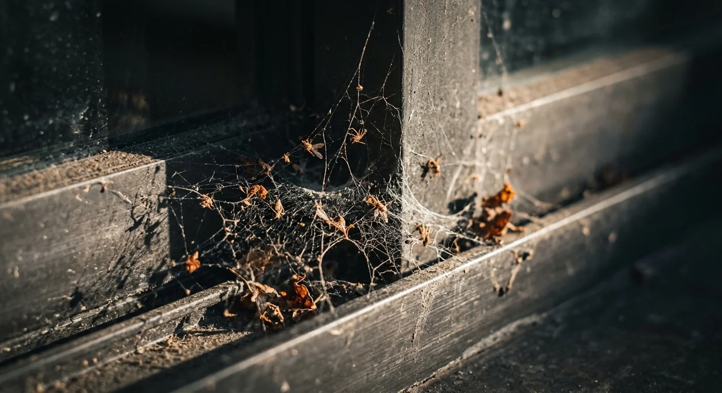 A macro photo of dusty cobwebs and small dead insects collected in the corner of a dark metal window track.