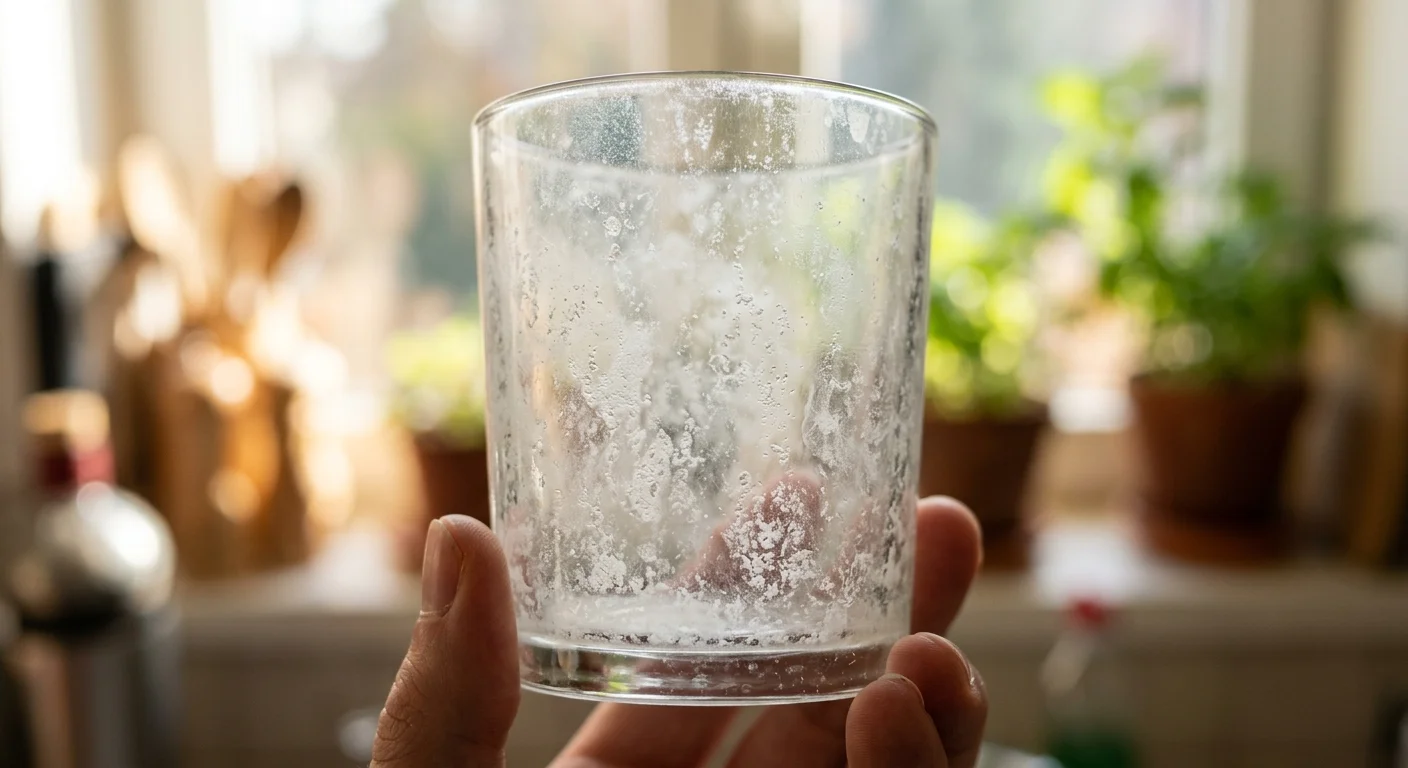 A macro photograph of a cloudy, hazy glass tumbler covered in white mineral limescale spots held up to the light.