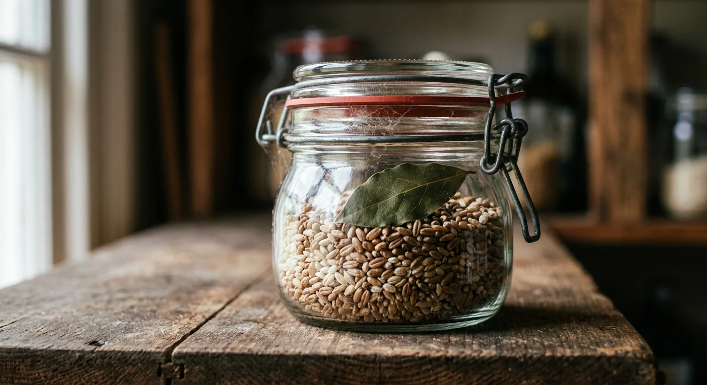A macro photograph of a glass grain jar on a pantry shelf, showing fine webbing near the lid and a green bay leaf resting on the grains insi