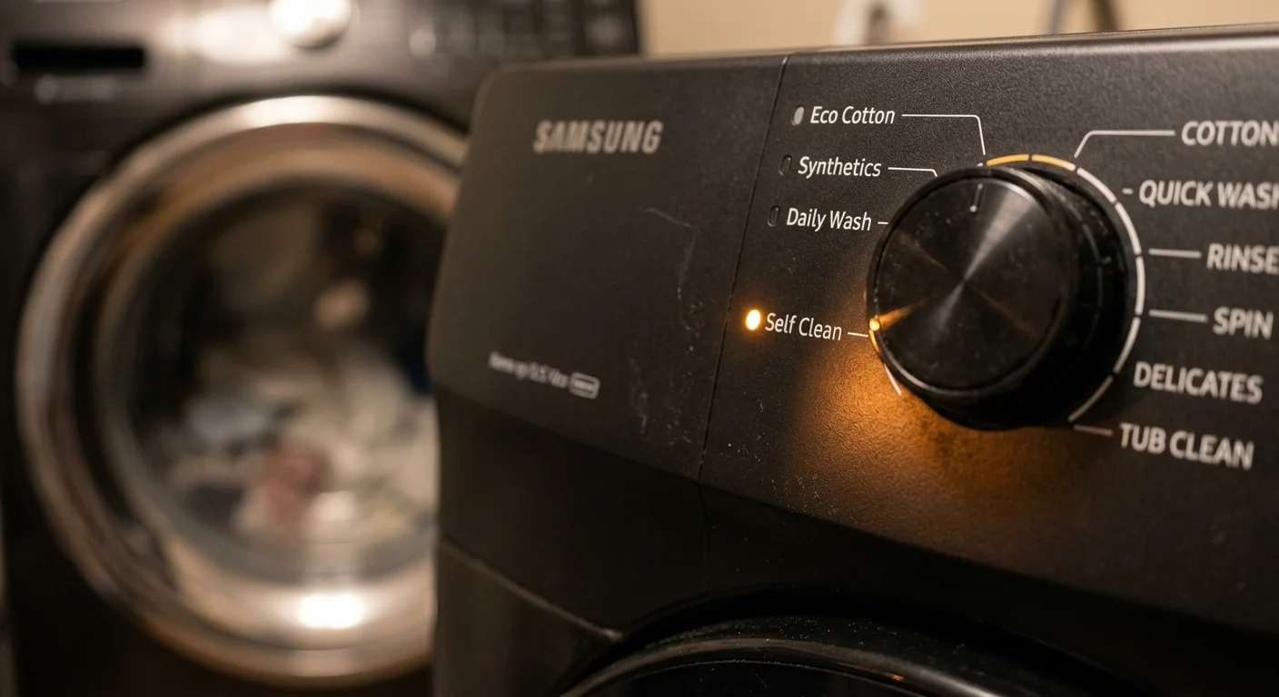 A macro photograph of a washing machine's control panel with a glowing amber indicator next to 'Self Clean'.