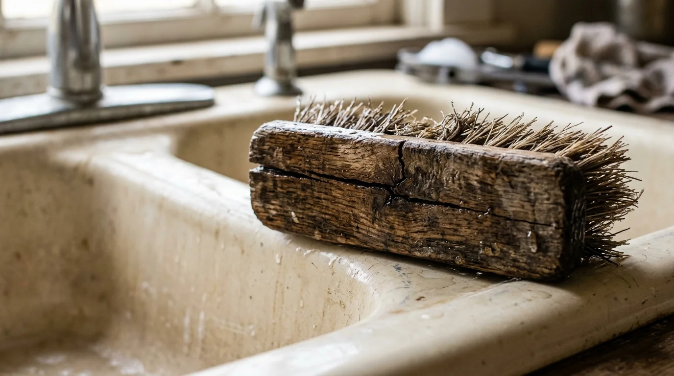 A macro photograph of a wooden scrub brush with a cracked block and flattened bristles resting on a white porcelain sink.