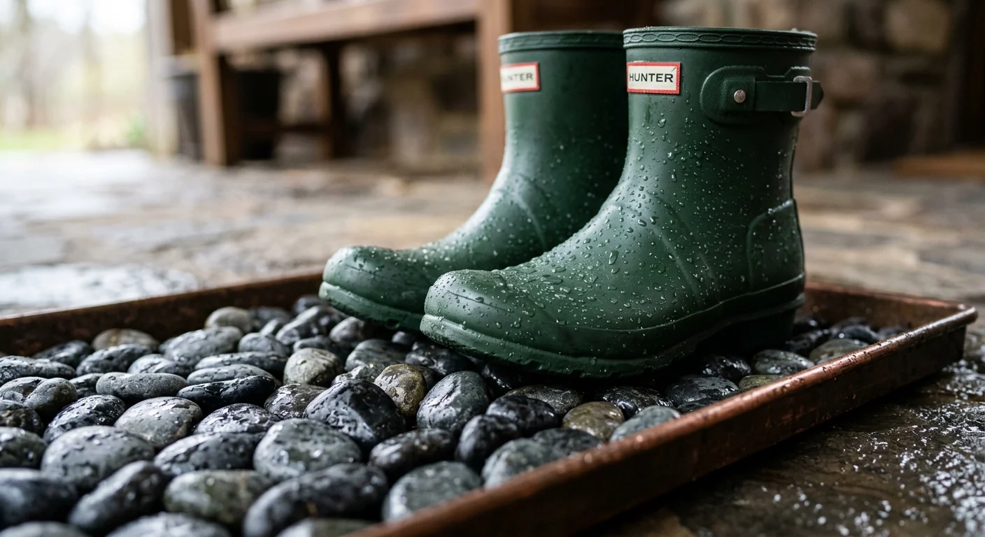 A macro photograph of wet green rain boots resting on smooth, dark river stones inside a copper-rimmed boot tray.