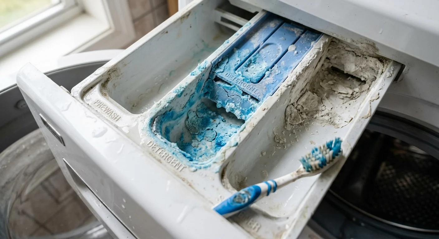 A macro shot of a dirty washing machine soap drawer with caked blue detergent and white fabric softener residue.