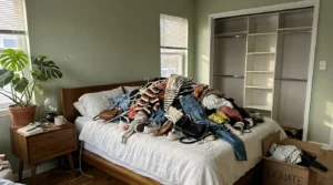 A massive pile of unsorted clothes on a bed in front of an empty closet, showing the overwhelming aftermath of a chaotic decluttering projec