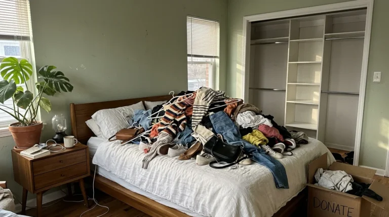 A massive pile of unsorted clothes on a bed in front of an empty closet, showing the overwhelming aftermath of a chaotic decluttering projec