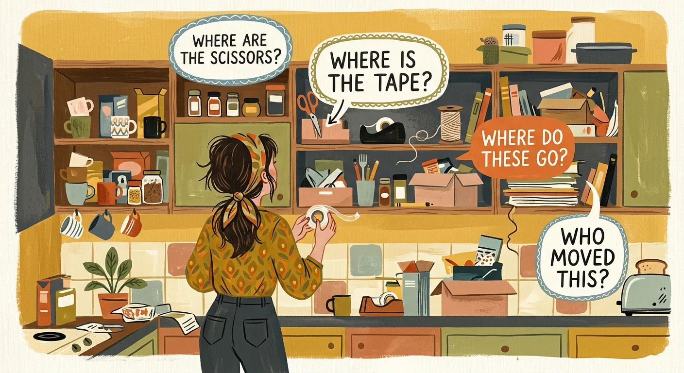 A mid-century gouache illustration of a kitchen with speech bubbles asking where common items like scissors and tape are located.