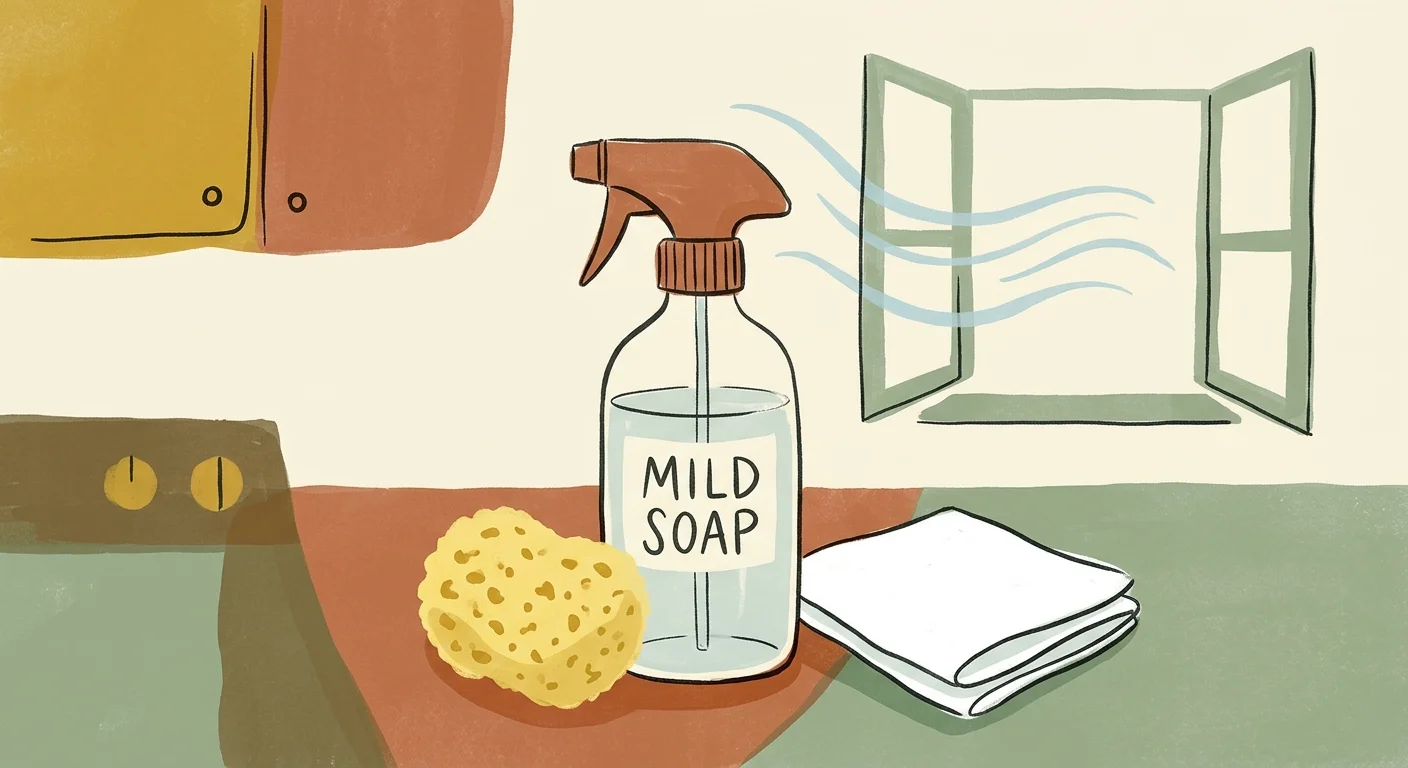 A mid-century gouache illustration of a mild soap spray bottle, a natural sponge, and an open window showing airflow.