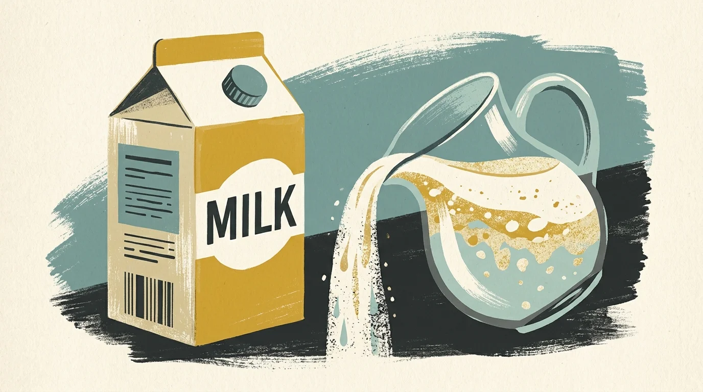 A mid-century gouache illustration of a milk carton and a pitcher pouring separated, curdled cream.