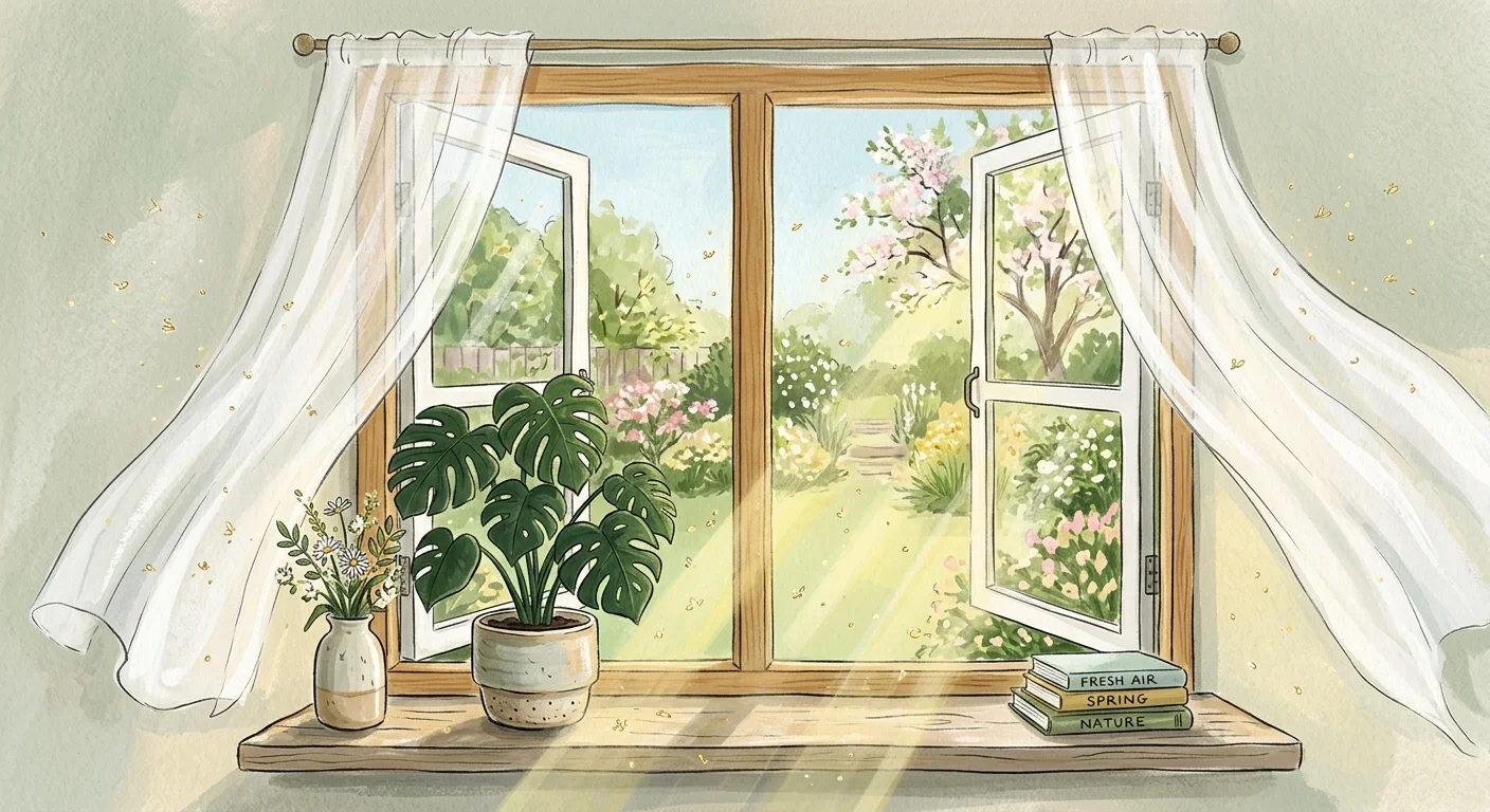 A mid-century style gouache illustration of an open window with white curtains blowing in the breeze and a green houseplant on the sill.
