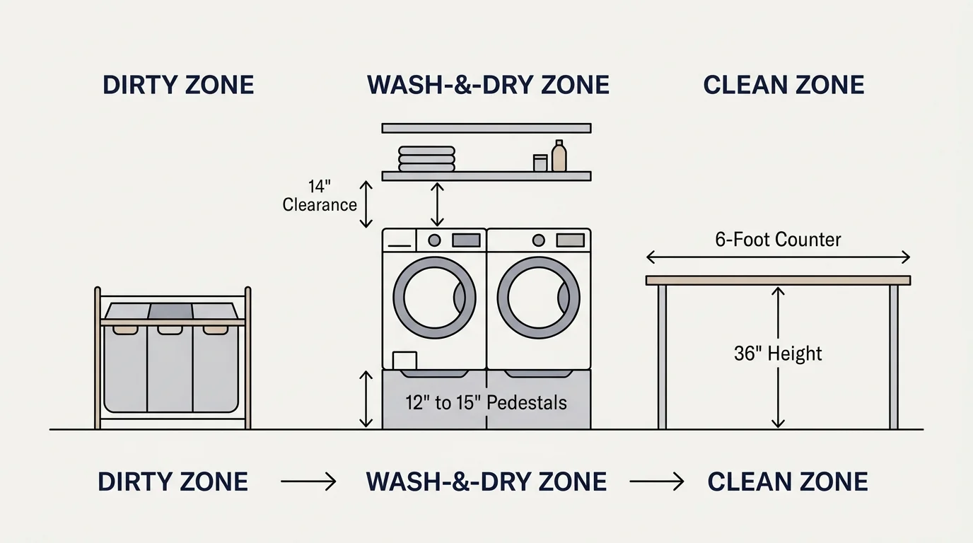 A minimalist 3-zone laundry diagram showing the Dirty Zone, Wash-and-Dry Zone with pedestals, and Clean Zone with folding counter.