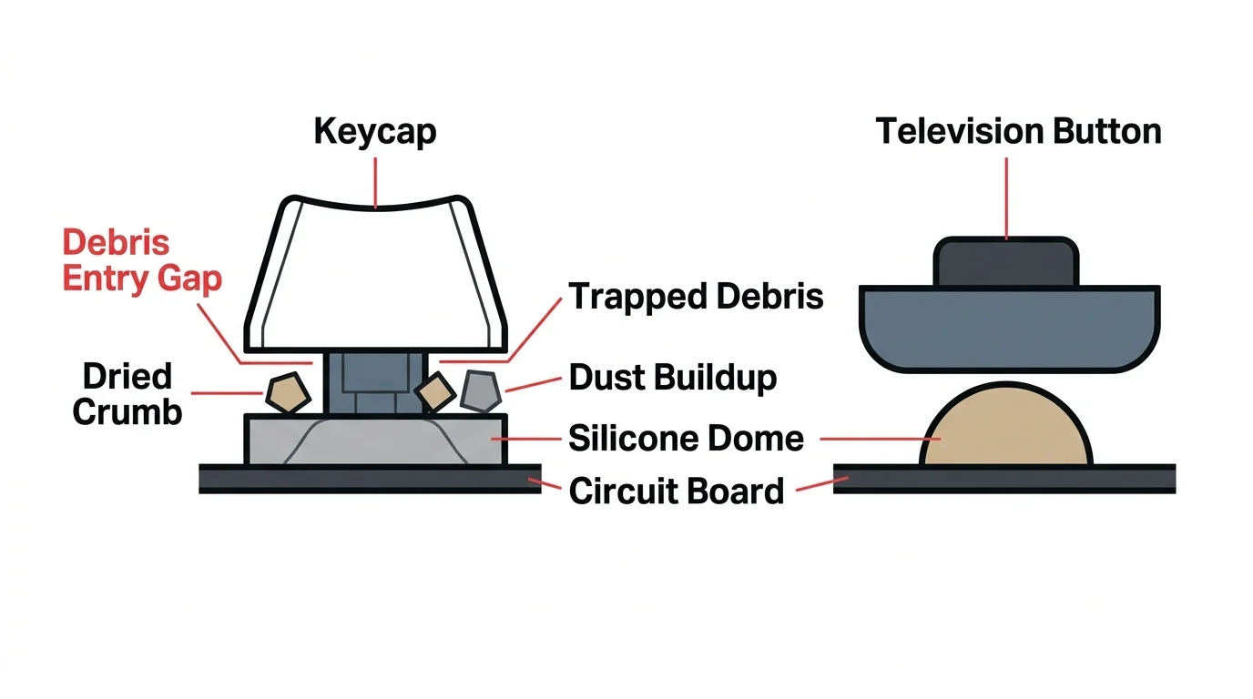 A minimalist cross-section diagram showing how dust and food crumbs get trapped beneath a plastic keyboard keycap.