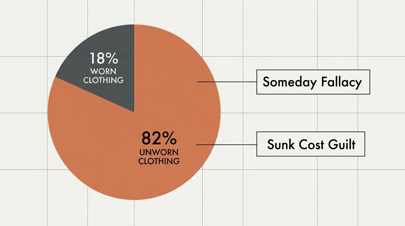 A minimalist data diagram showing that 82% of a wardrobe goes unworn over a 12-month period, highlighting the 'someday' fallacy.