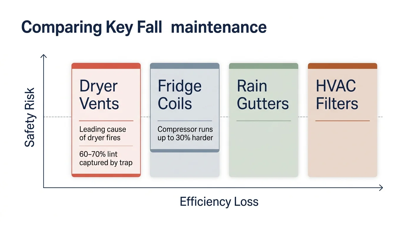 A minimalist diagram comparing fall maintenance tasks by safety risk and energy efficiency impact.