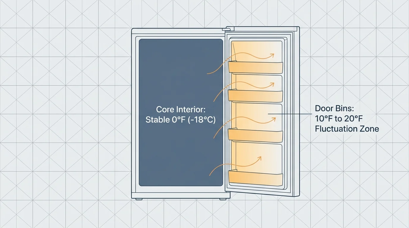 A minimalist diagram comparing the stable 0 degree core of a freezer to the fluctuating 10 to 20 degree door zone.