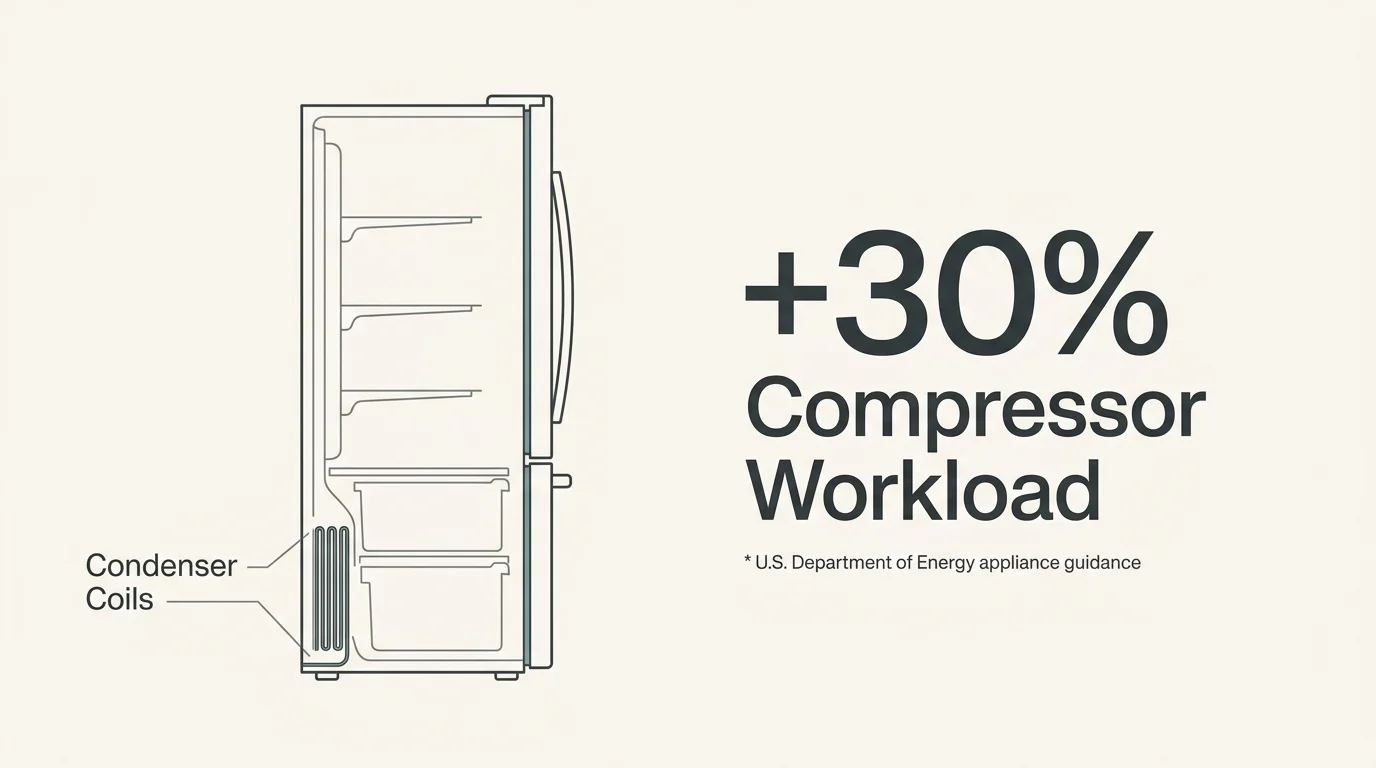 A minimalist diagram of a refrigerator showing how dirty condenser coils increase the compressor workload by 30 percent.