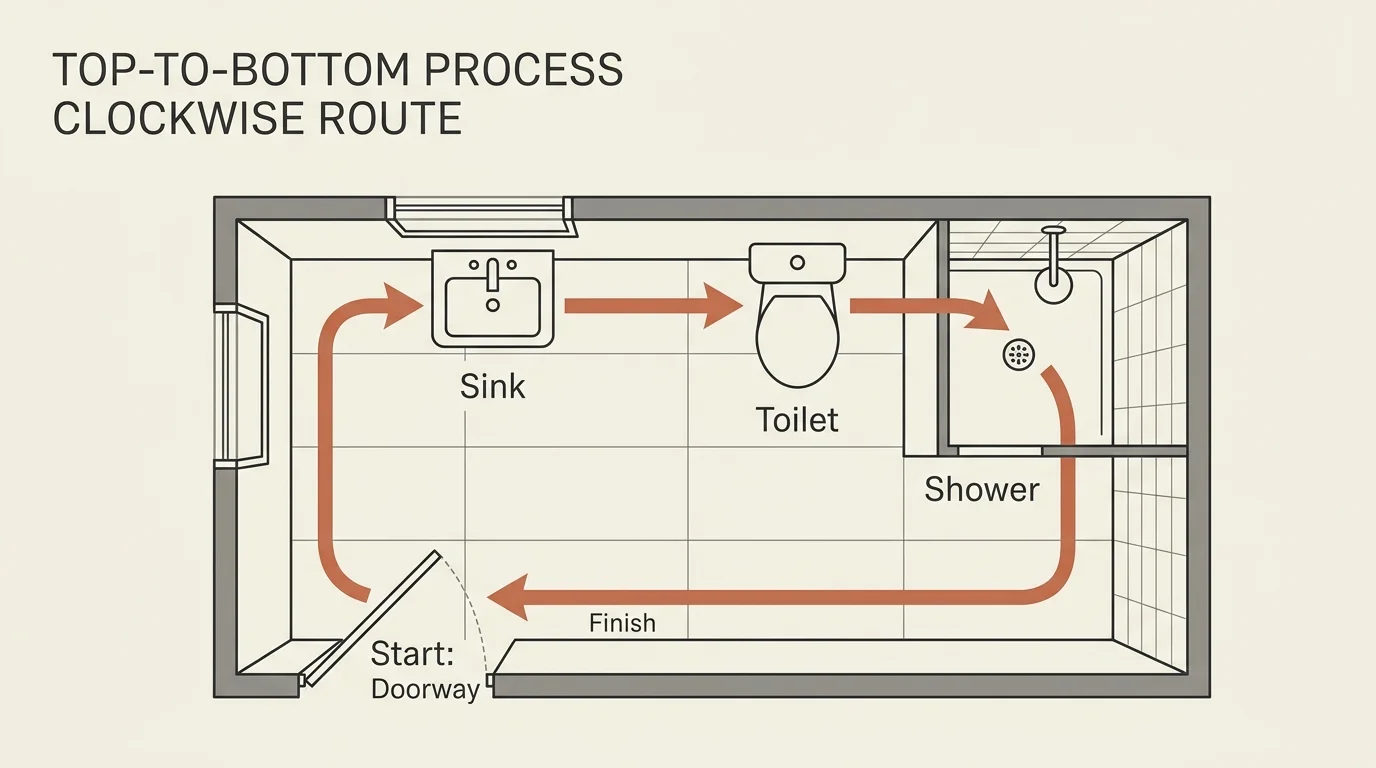 A minimalist floorplan diagram of a bathroom showing a clockwise cleaning path starting at the door.