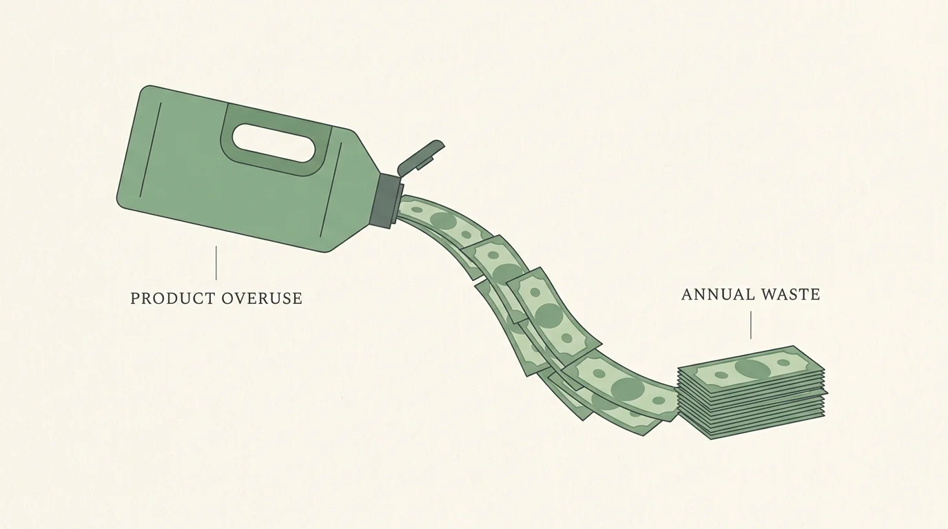 A minimalist graphic diagram of a cleaning bottle pouring out green dollar bills, representing household budget waste.