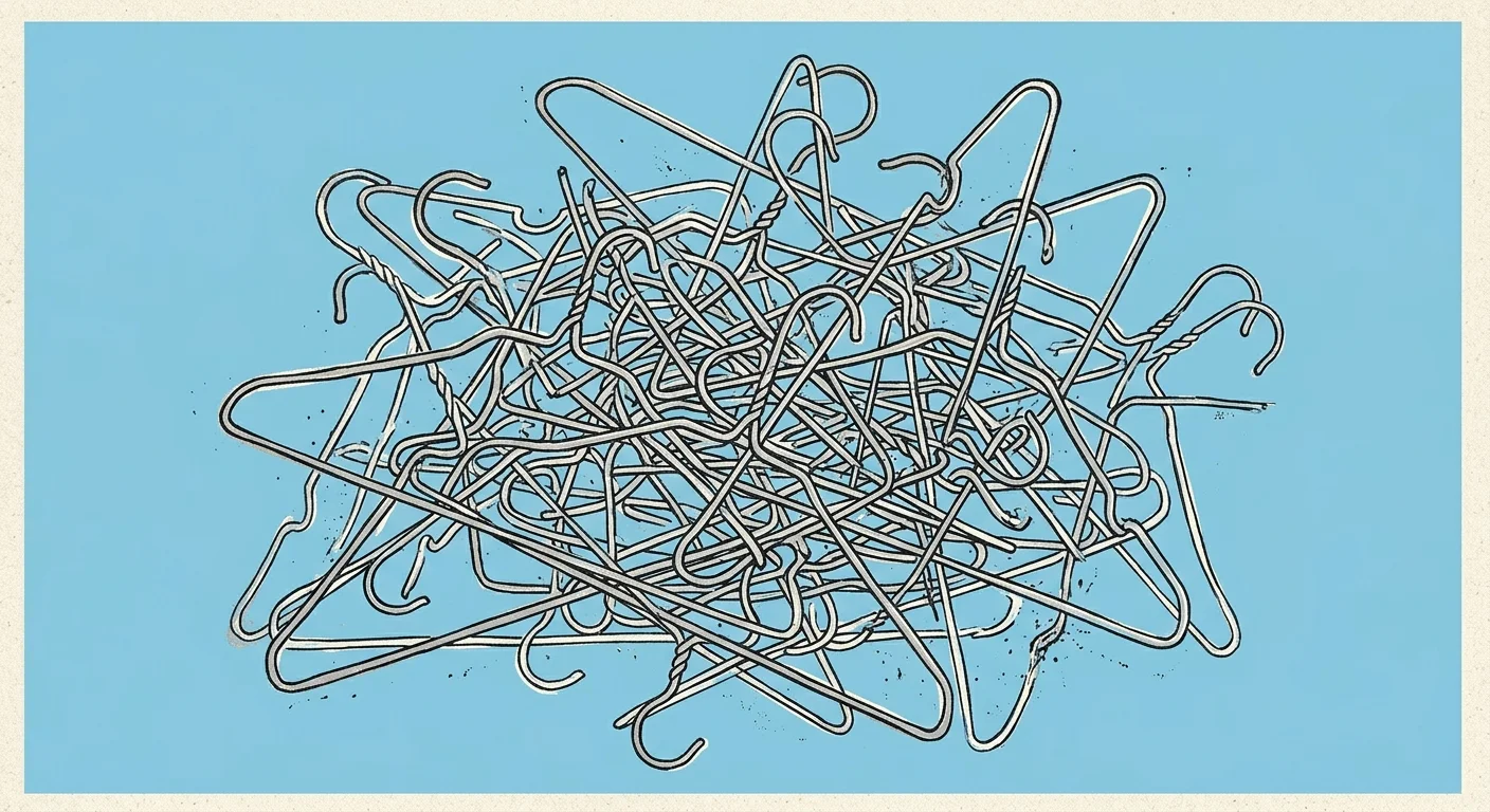 A minimalist graphic illustration of tangled silver wire clothes hangers against a sky-blue background.