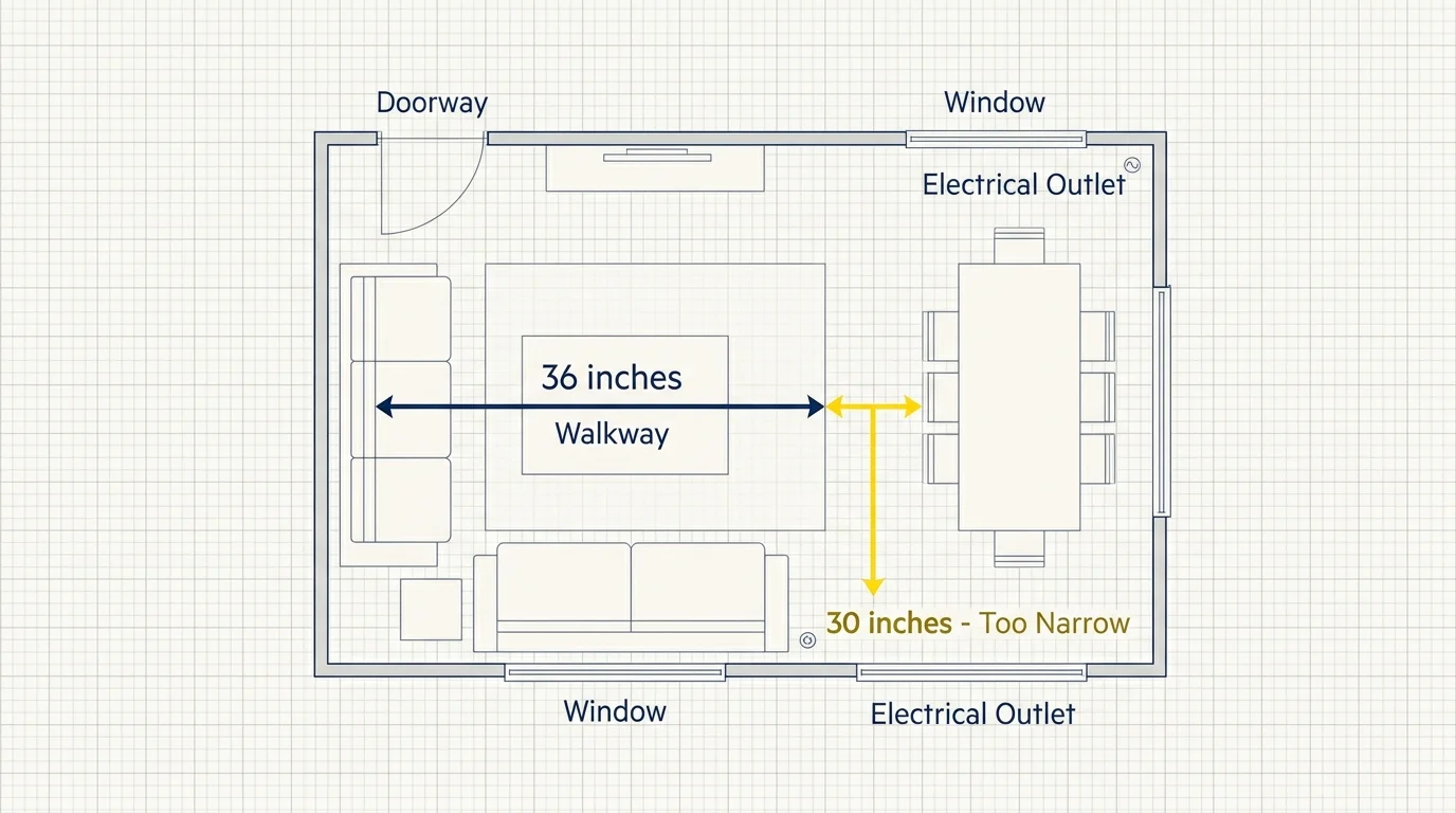 A minimalist grid-paper floor plan diagram showing critical furniture clearance measurements of 36 inches and 30 inches.