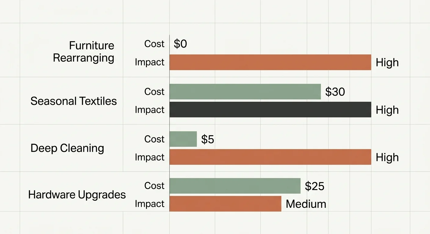A minimalist horizontal bar chart comparing the low cost and high impact of various easy room updates.